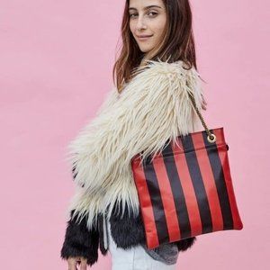 Clare V Black Cherry Red Square 70s Delphine Leather Striped Chain Strap Bag NWT
